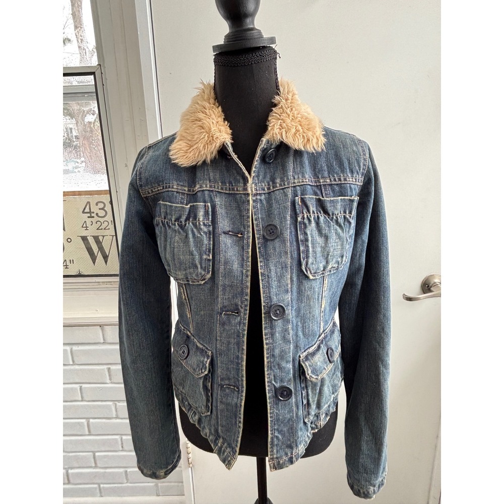 Abercrombie Denim Shearling Collar Quilted Lining Jacket Large‎ Y2K vintage jean